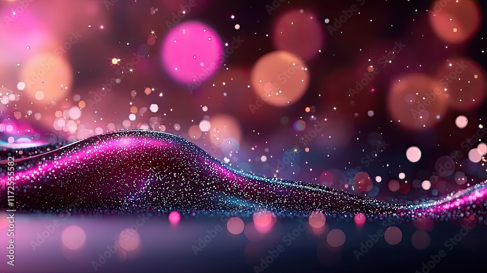 Poster Glitter abstract background concept. Abstract colorful waves with glittering lights and bokeh effects in a dreamy background.