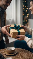 A close-up of hands giving a beautifully wrapped gift to another person. The scene conveys warmth, care, and symbolizes gratitude.
