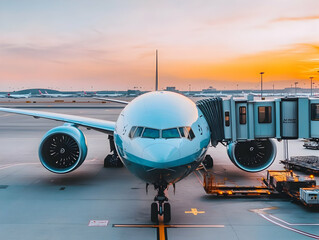 Fototapeta premium Airplane at Sunset, Realistic Image
