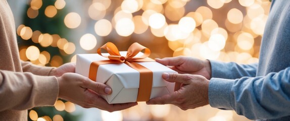 A close-up of hands giving a beautifully wrapped gift to another person. The scene conveys warmth, care, and symbolizes gratitude.