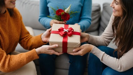 A close-up of hands giving a beautifully wrapped gift to another person. The scene conveys warmth, care, and symbolizes gratitude.