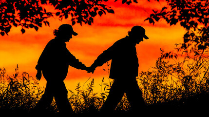 Obraz premium Silhouette Couple Sunset Walk Illustration