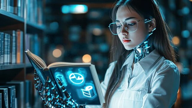 Woman researching AI ethics books for balanced and responsible development