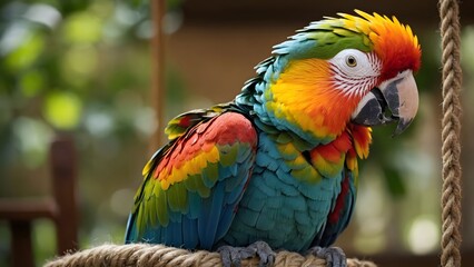 Vibrant Macaw Perched on a Rope Perch in a Lush, Tropical Setting During Daylight Hours