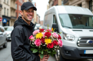 Male courier with a bouquet of flowers against the backdrop of a city landscape. Flower delivery concept.