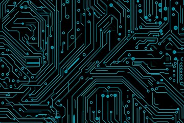 Abstract close-up of a glowing blue digital circuit board, showcasing intricate connections and technological design on a black background.
