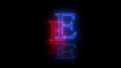 3d E letter neon blue red flicker and flashes in black background