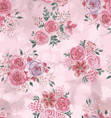 seamless floral vector rose flowers with cream leaves bunches pattern on abstract pink background .floral pattern, vintage pattern, all over design, flower bunch pattern.