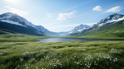 Fototapeta premium A serene landscape featuring mountains, a lake, and wildflowers.