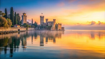 A serene sunrise over the ancient Roman ruins of Sirmione peninsula on Lake Garda with soft mist and gentle waves , misty morning, sunrise