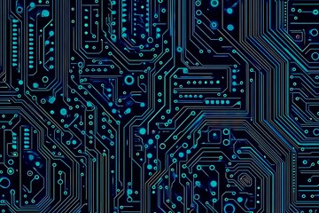 Abstract close-up of a glowing blue digital circuit board, showcasing intricate connections and technological design on a black background.
