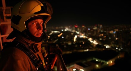 Firefighter overlooking cityscape at night