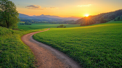 Dirt road through green fields at sunset, mountain valley background, scenic route