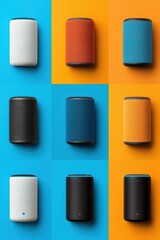 A vibrant arrangement of wireless speakers in various colors, displayed in a grid on bright blue and orange backgrounds, showcasing modern design and technology.