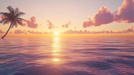 Sunset Serenity over Ocean: The sun dips towards the horizon, painting the sky with vibrant hues as gentle waves lap, and a solitary palm tree sways, creating a sense of pure bliss.