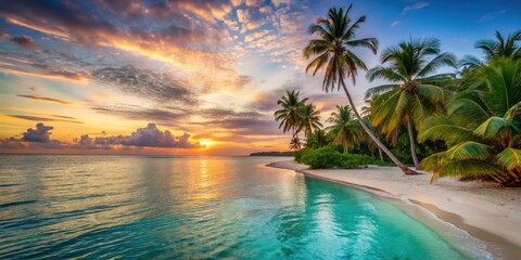 A picturesque beach at sunset with palm trees and turquoise waters in Paradise Island, serene landscape