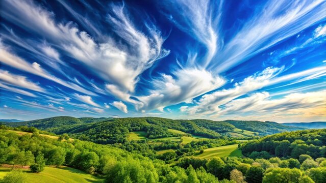 Vibrant blue sky with puffy white clouds and a few wispy strands of cirrus, set against a stunning backdrop of rolling hills and lush green trees, colorful blue sky, nature