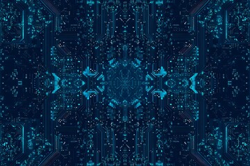 Abstract close-up of a glowing blue digital circuit board, showcasing intricate connections and technological design on a black background.
