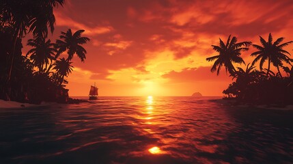 Golden Hour Tropical Paradise: A breathtaking tropical paradise is revealed as the sun dips below the horizon, bathing the sky in vibrant shades of red and orange.