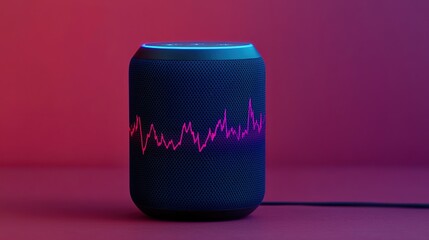 A modern Bluetooth speaker with a stylish design, featuring a vibrant audio waveform graphic against a colorful background.
