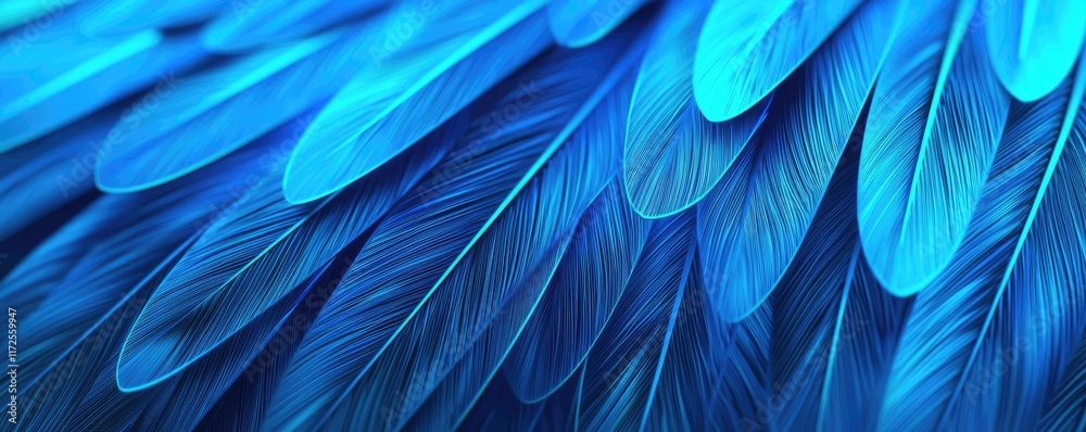 Poster Neon abstract background idea. Close-up of vibrant blue feathers showcasing nature's intricate patterns and textures.