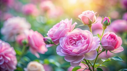 Fototapeta premium Soft focus pink roses against a blurred background, gentle petals unfolding