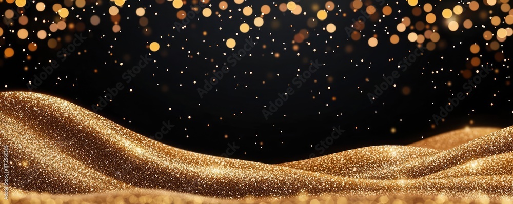 Poster Glitter abstract background concept. A mesmerizing display of golden particles cascading over a dark, elegant background.