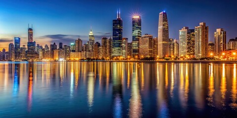 Obraz premium Cityscape at night with skyscrapers and illuminated lights reflecting off the lake shore
