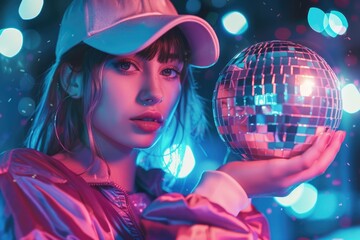 Young woman rocks 80s 90s style at disco party.