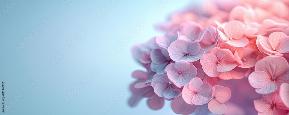 Poster Pastel abstract background idea. A close-up view of delicate pink hydrangea petals with soft reflections.