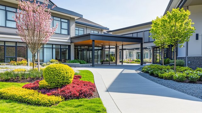  Serene Modern Senior Care Facility with Lush Garden and Inviting Entrance. Aesthetic and Welcoming Environment for Elderly Care and Wellness.