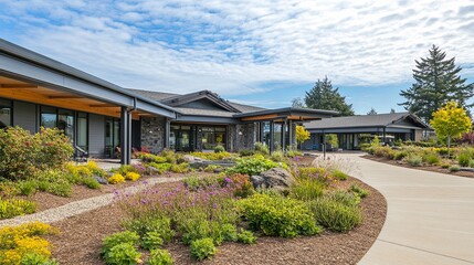 Naklejka premium Serene Modern Senior Care Facility with Lush Garden and Inviting Entrance. Aesthetic and Welcoming Environment for Elderly Care and Wellness.