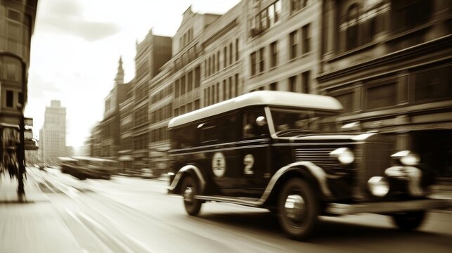 Vintage ambulance speeding down a city street, sepia toned. - Powered by Adobe