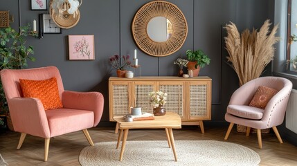 Stylish living room with pink armchairs, wooden cabinet, and round mirror.