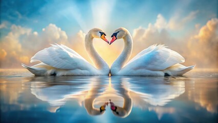 Elegant swans entwined, feathers intertwined, peaceful water scene, peaceful scene, romantic swans,  peaceful scene