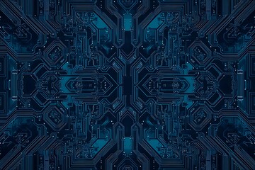 Abstract close-up of a glowing blue digital circuit board, showcasing intricate connections and technological design on a black background.
