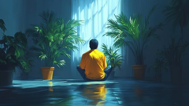 Man meditating near window, plants, sunlit room, peaceful morning.