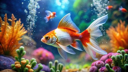 Fototapeta premium A goldfish with vibrant orange and white scales jumping out of the water in a sparkling aquarium, surrounded by lush green plants and colorful coral formations, fish jump, aquatic scene