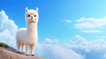 Fototapeta premium A fluffy white alpaca stands against a bright blue sky.