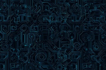 Abstract close-up of a glowing blue digital circuit board, showcasing intricate connections and technological design on a black background.
