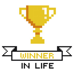 Winner!  Cup with pixel text on a ribbon. Illustration in retro gaming style.