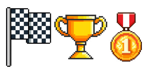 Pixel art of cup, medal, racing flag. A selection of retro games.