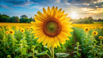 Fototapeta premium A bright yellow sunflower with large petals and a dark center, standing tall in a lush green field on a warm summer day