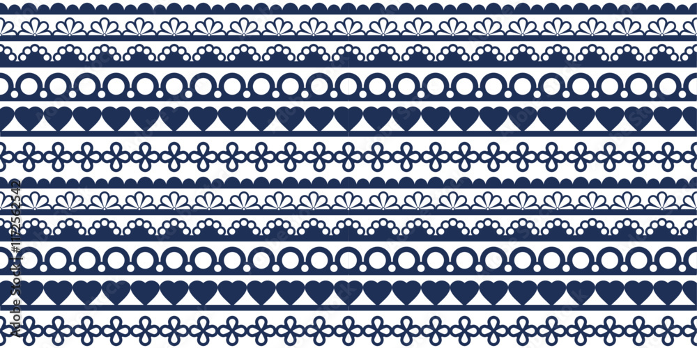 Poster ornamental pattern of blue horizontal lines. lace, hearts, simple repeating pattern.