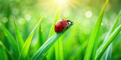 Obraz premium A solitary red ladybug perches on a lush green blade of grass in a serene natural setting, its distinctive black spots standing out against the vibrant foliage, green grass, isolated