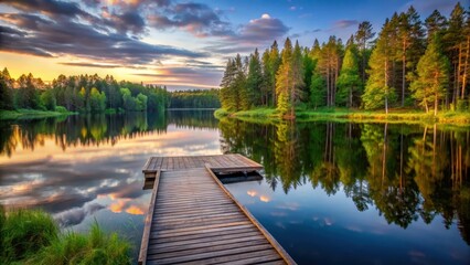 Obraz premium Serene Finnish lake with a wooden dock surrounded by tall trees and lush greenery at sunset, nature photography, wooden dock