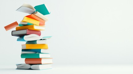 Colorful Stack of Books with One Book Falling in Creative Arrangement on Light Background Perfect for Educational or Inspirational Themes