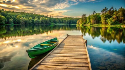 Fototapeta premium Serene lake scene with a green canoe tied to a wooden dock, wooden dock, peaceful, wooden dock, peaceful