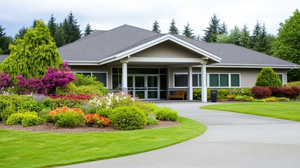  Serene Modern Senior Care Facility with Lush Garden and Inviting Entrance. Aesthetic and Welcoming Environment for Elderly Care and Wellness.