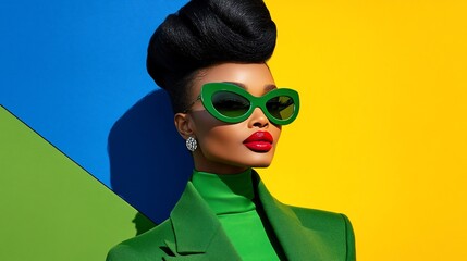 Stylish woman in green suit and sunglasses against vibrant background.